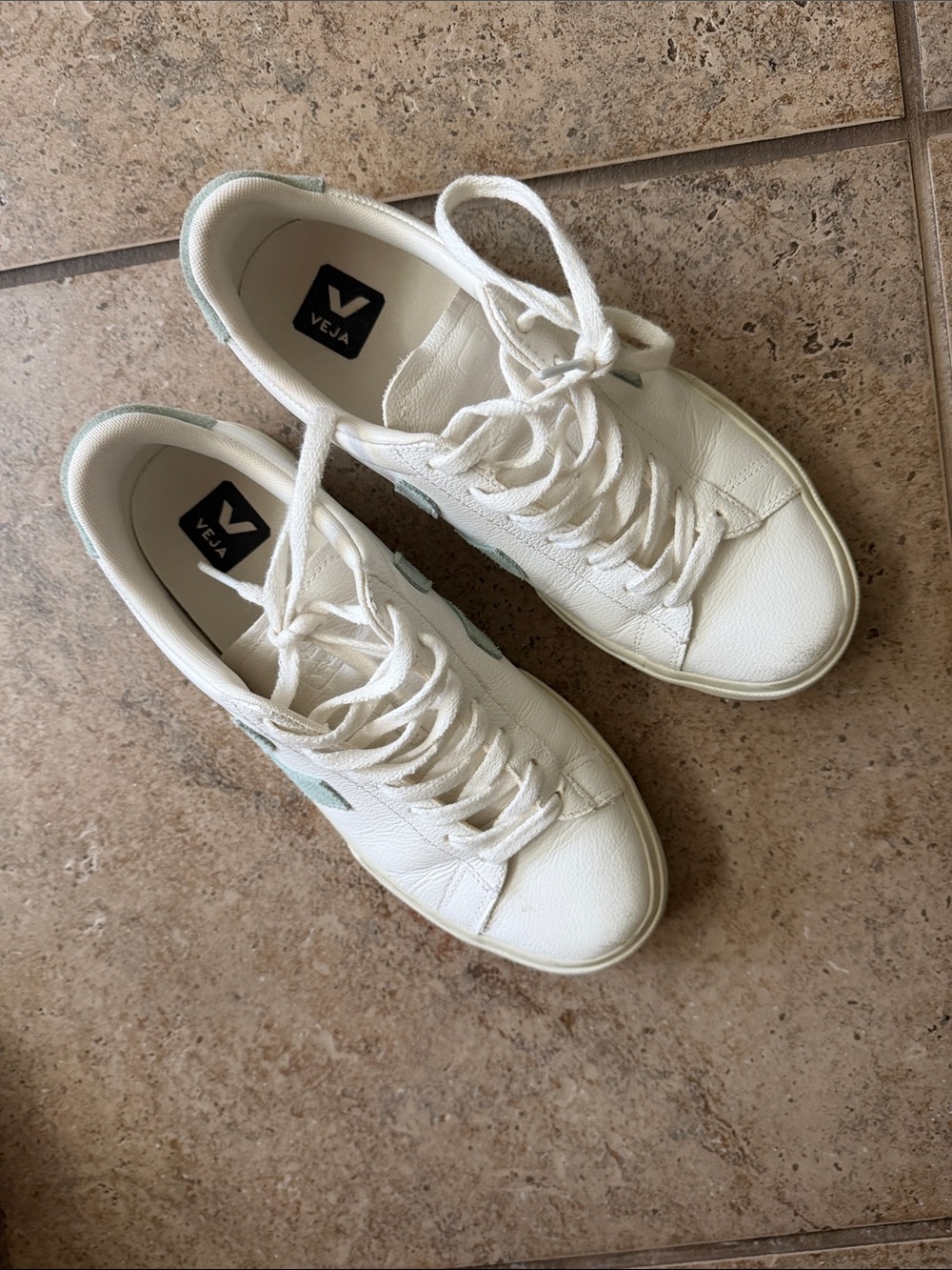 Veja White Leather Sneakers with Mint Accents. Worn less than ten times.